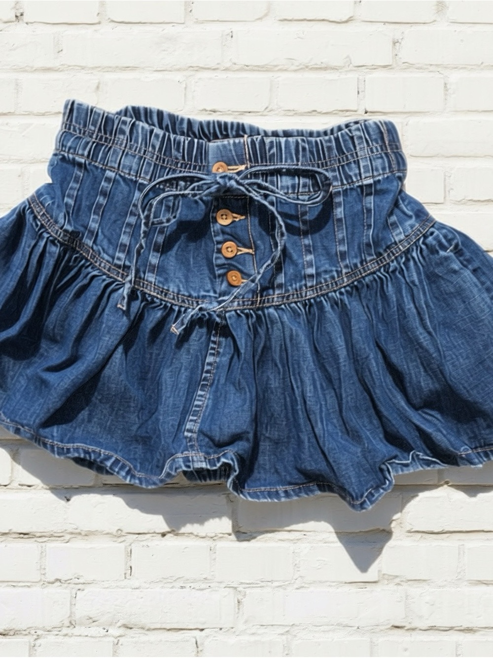 Free People Boho 100% Cotton Blue Denim Look Button Tie Waist Ruffle Mini Skirt